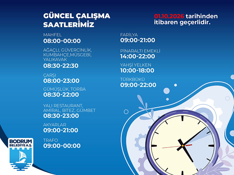Bodrum Belediye kafe çalışma saatleri, Ekim 2026