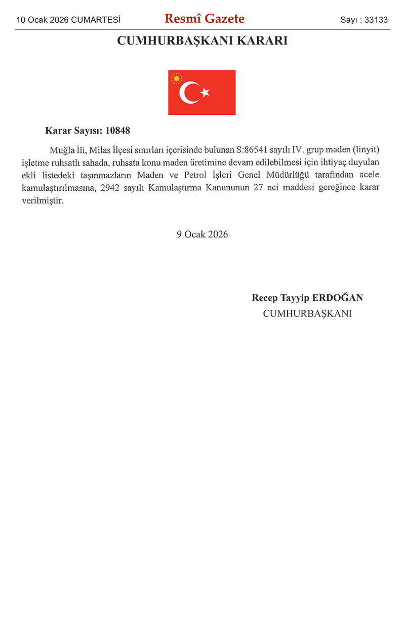 10 Ocak Resmi Gazete Milas acil kamulaştırma kararı 1