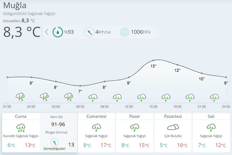 Muğla 5 günlük hava durumu (Görsel MGM)