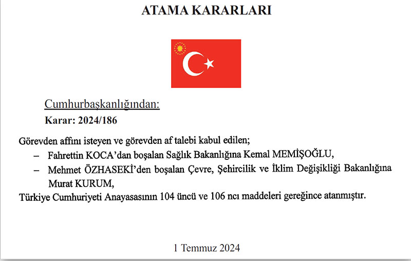 Vumhurbaşkanlığı atama kararları, Resmi Gazete - 01 Temmuz 2024