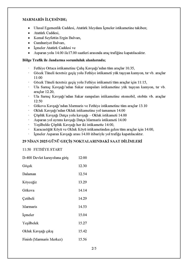 60. Cumhurbaşkanlığı Türkiye Bisiklet Turu Yarışı nedeniyle kapanacak yollar, Nisan 2025 2