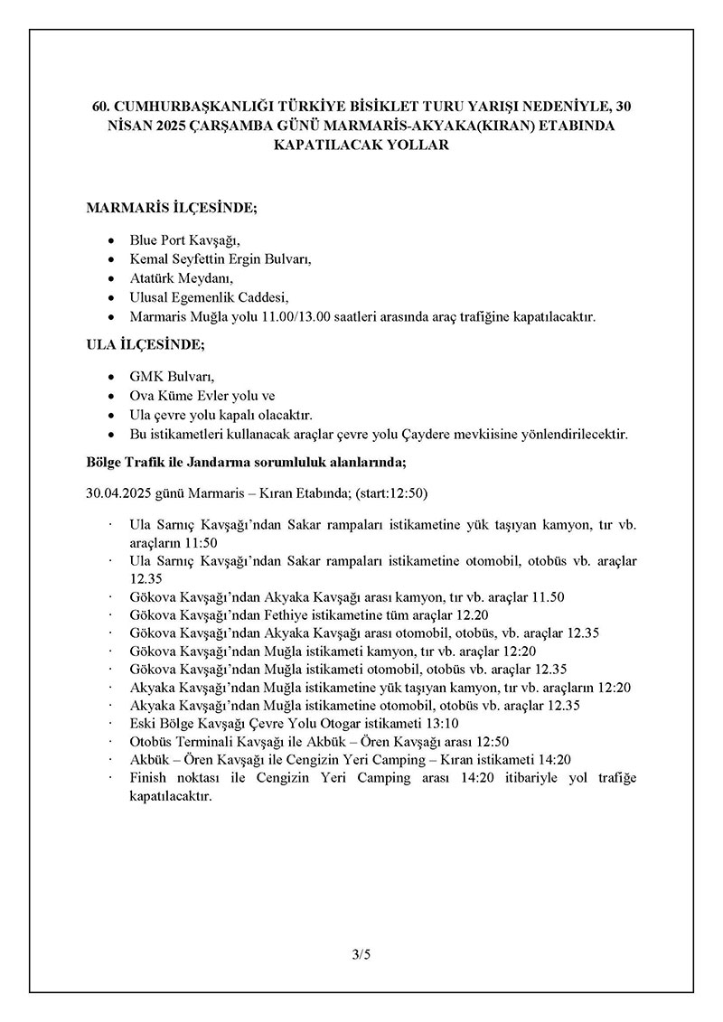 60. Cumhurbaşkanlığı Türkiye Bisiklet Turu Yarışı nedeniyle kapanacak yollar, Nisan 2025 3
