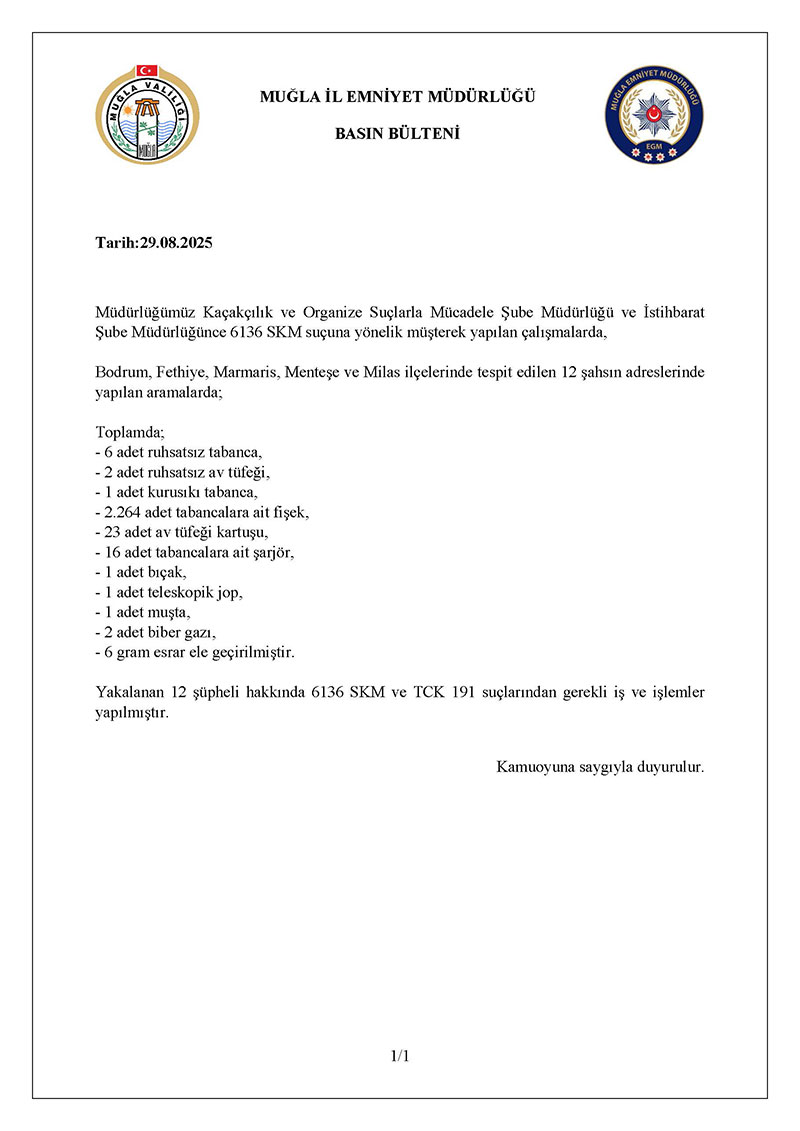 Muğla silah operasyonu, Ağustos 2025 2