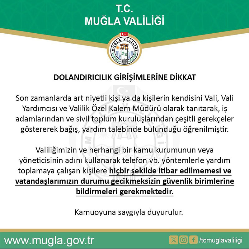 Muğla Valiliği dolandırıcılık uyarısı, 09 Ekim 2024