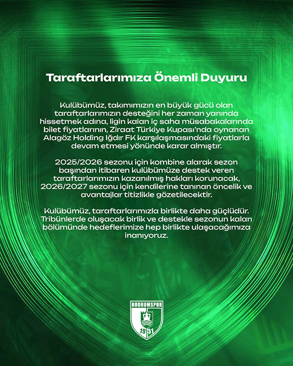 Bodrumspor FK iç saha bilet fiyatları açıklaması, Mart 2026