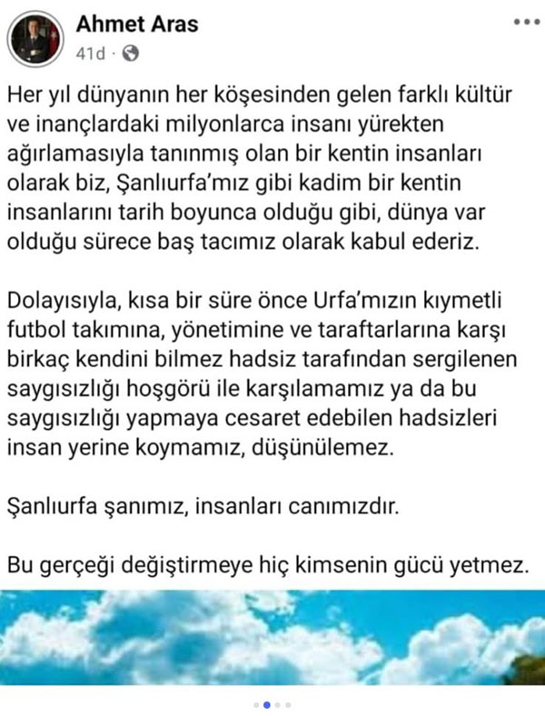 Ahmet Aras, Şanlıurfaspor mesajı, Nisan 2026