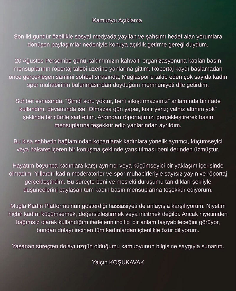 Yalçın Koşukavak, kadın gazetecilerden özür, Ağustos 2026