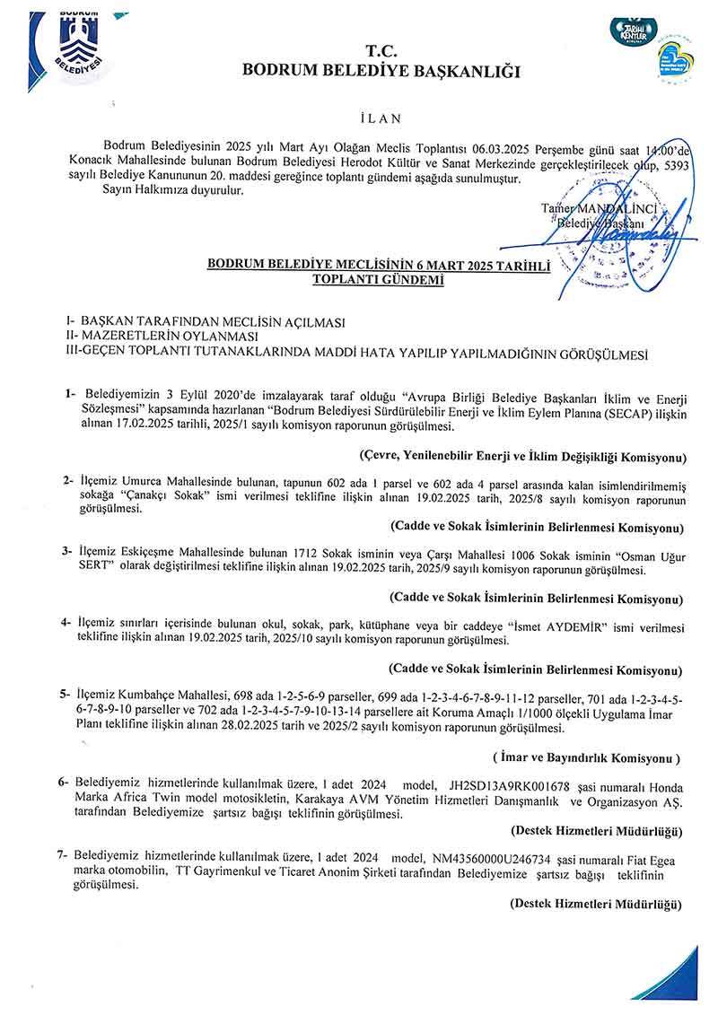 Bodrum Belediye Meclisi 2025 yılı Nisan Ayı olağan meclis toplantısı gündemi 1