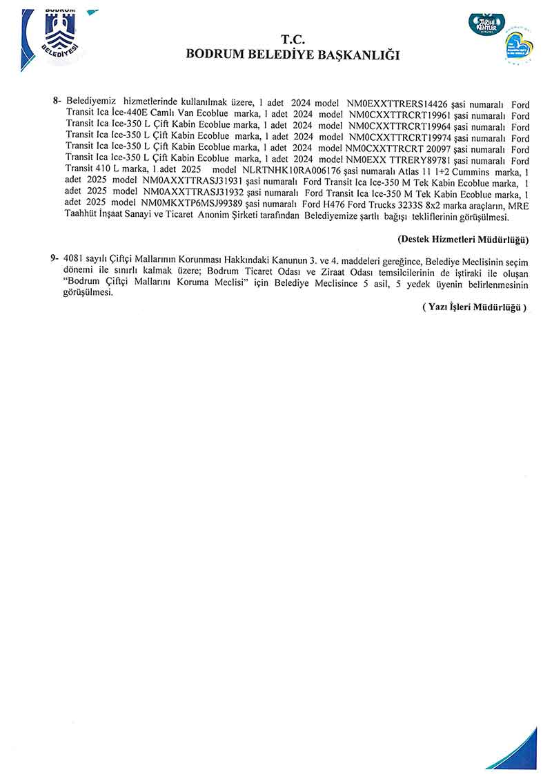 Bodrum Belediye Meclisi 2025 yılı Nisan Ayı olağan meclis toplantısı gündemi 2