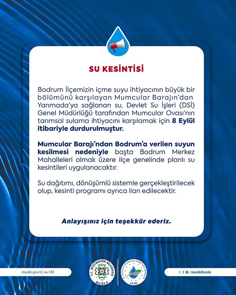 MBB, MUSKİ'nin Mumcular Barajı duyurusu, 09.09.2025