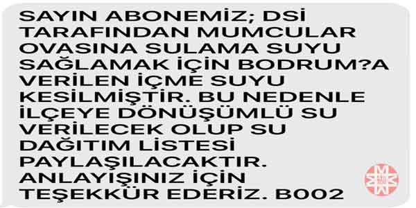 MBB, MUSKİ'nin abonelere gönderdiği SMS, 09.09.2025