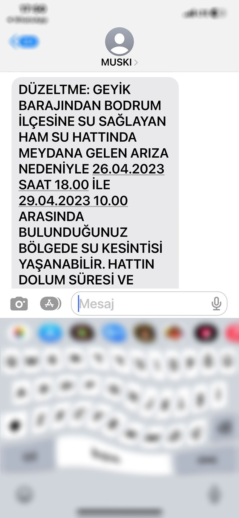 Bodrum su kesintisi, MUSKİ SMS 1