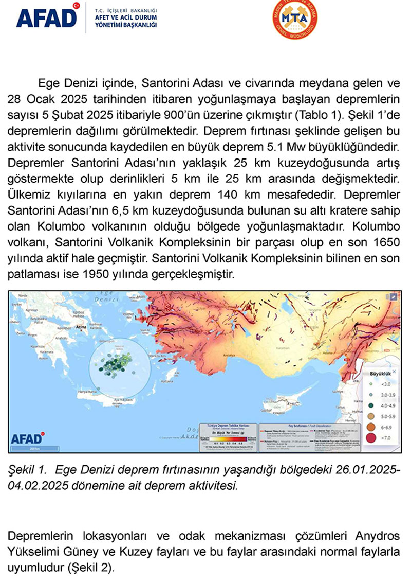 Santorini Adası'ndaki depremlere ilişkin ortak ön değerlendirme raporu 2