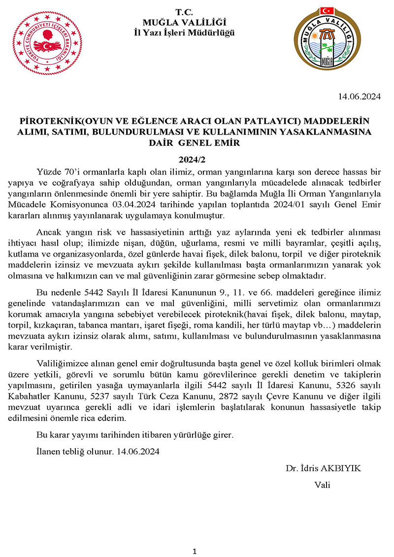 Muğla Valiliği proteknik yasak listesi