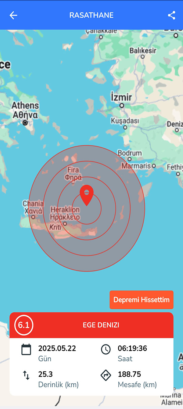 Deprem, 22 Mayıs 2025 Ege Denizi Girit Adası