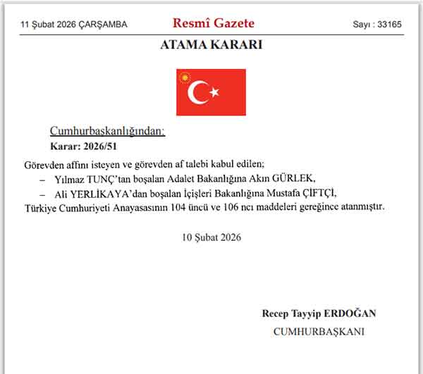 Bakan değişiklikleri kararı, Resmi Gazete, Şubat 2026