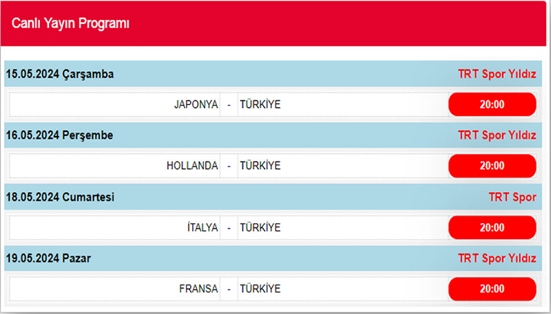 Türkiye A Milli Kadın Voleybol Takımı VNL Turnuvası Antalya, TV'den canlı yayın programı